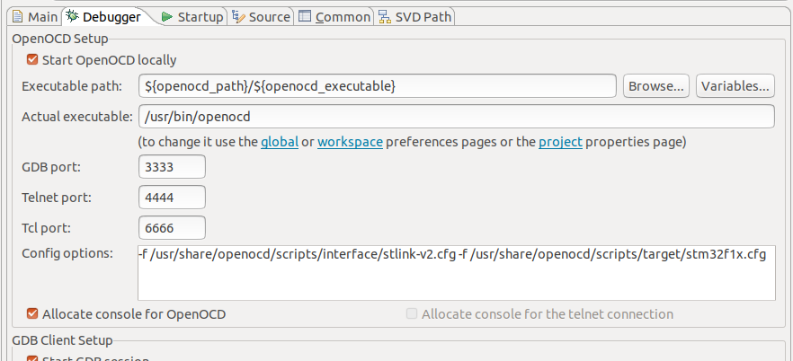 OpenOCD Eclipse Config Options